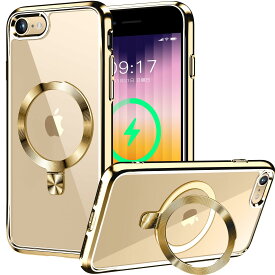 【CD MagSafeリング・スタンド一体】iPhone SE3用クリアケース iPhone SE2 第2世代 iPhone 8 用ケース [MagSafe対応・隠しスタンド] [本体の色・メッキバンパー]ストラップホール付き 角度調整可 米軍MIL規格取得・耐衝撃 アイホンSE3透明ケース スマホケースSE人気4.7イ