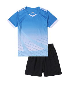 【送料無料】 キッズ サッカーウェア サッカージャージ2点セット 子供 プリント 男の子 トレーニング 上下セット 半袖 ショーツ パンツ 通気 速乾 色:ブルー、サイズ:160