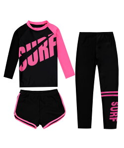 【送料無料】 キッズ 水着 上下3点セット 長袖ラッシュガード +レギンス+ショートパンツ 女の子 男の子 セパレート ウェットスーツ 子供スイムウェア UPF50+ 速乾 色:ホットピンク、サイズ