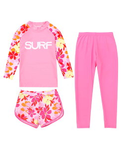 【送料無料】 キッズ 水着 上下3点セット 長袖ラッシュガード +レギンス+ショートパンツ 女の子 男の子 セパレート ウェットスーツ 子供スイムウェア UPF50+ 速乾 色:ピンク、サイズ:110
