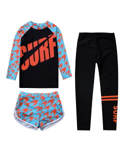 【送料無料】 キッズ 水着 上下3点セット 長袖ラッシュガード +レギンス+ショートパンツ 女の子 男の子 セパレート ウェットスーツ 子供スイムウェア UPF50+ 速乾 色:オレンジ、サイズ:140