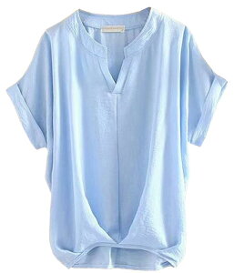 【送料無料】Fosys シャツ レディース ブラウス 半袖 トップス 夏服 Vネック 無地 ゆったり 綿麻混 8色 5サイズ 色:ライトブルー、サイズ:3XL