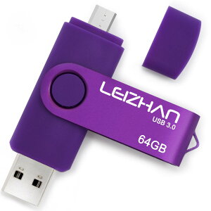 【送料無料】LEIZHAN 32GB 64GB 128GB メモリー USB フラッシュドライブ Android パープル 回転式 人気 USB OTG 3.0 マイクロ ペンドライブ 携帯電話用 高速 色:紫、サイズ:64GB