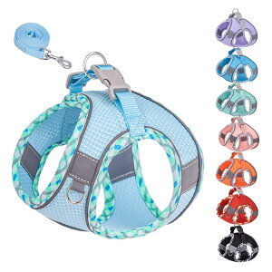 【送料無料】KUVEELA PET 小型犬 猫 中型犬 ハーネス リードセット 牽引ロープ 胸当て 胴輪 ドッグウエア 反射光ストリップ付き メッシュ おしゃれ 調節可能 お散歩 着脱簡単 色:ライトブルー