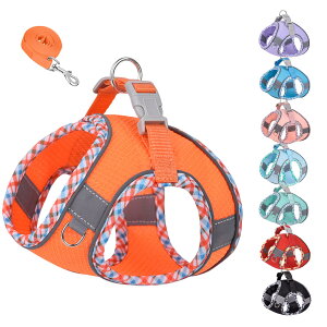 【送料無料】KUVEELA PET 小型犬 猫 中型犬 ハーネス リードセット 牽引ロープ 胸当て 胴輪 ドッグウエア 反射光ストリップ付き メッシュ おしゃれ 調節可能 お散歩 着脱簡単 色:オレンジ、サ