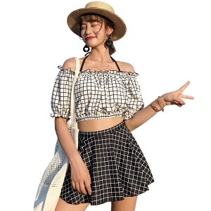 【送料無料】 水着 レディース ビキニ オフショルダー スカート ショートパンツ 4点セット ワイヤー入り 大人 ママ用 二の腕 お尻 カバーアップ hys1731 色:D:チェック×チェックブラック、