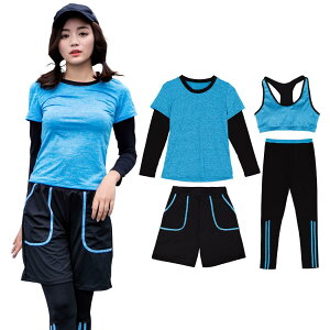 【送料無料】 フィットネス 水着 レディース 体型カバー ママ 水着 セパレート 長袖ラッシュガード レギンス スポーツブラ サーフパンツ 4点セット hys1289 色:ブルー、サイズ:M