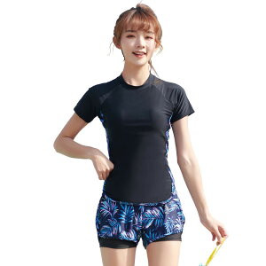 【送料無料】 フィットネス 水着 レディース セパレート 体型カバー ショートパンツ ラッシュガード 水泳帽 3点セット hys2405 色:K:カラフルパーム、サイズ:LL