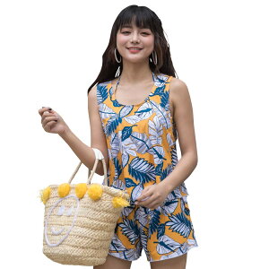 【送料無料】 水着 レディース タンキニ 4点セット ビキニ ショートパンツ タンクトップ 体型カバー hys1088 色:X⇒イエロー×リーフ、サイズ:3XL