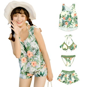 【送料無料】 水着 レディース タンキニ 4点セット ビキニ ショートパンツ タンクトップ 体型カバー hys1088 色:R⇒グリーン×オレンジフラワー、サイズ:2XL