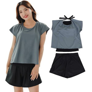 【送料無料】 水着 レディース 体型カバー UPF50+ 半袖ラッシュガード ショートパンツ 2点セット レイヤード風 hys3036 色:ダスティブルー、サイズ:M