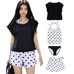 【送料無料】 水着 レディース 体型カバー タンキニ 4点セット 大人 ビキニ タンクトップ ショートパンツ Tシャツ ラッシュガード ママ水着 hys1618 色:ブラック/ドット、サイズ:2XL(15号)