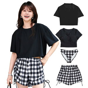 【送料無料】 水着 レディース 体型カバー 4点セット 半袖シャツラッシュガード ショートパンツ セパレート 4way hys2851 色:ブラック×チェック、サイズ:XL