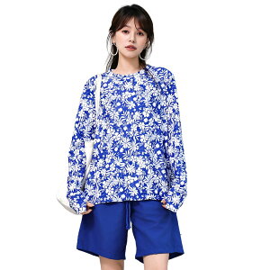 【送料無料】 タンキニ水着 レディース 体型カバー 長袖シャツ ラッシュガード ハーフパンツ 4点セットビキニ hys2861 色:フラワー×ブルー、サイズ:L