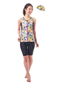 【送料無料】(ラクア)LAQUA レディースフィットネス水着 プリント セパレートフィットネス水着 キャップ付き FT-2041N 色:水彩フラワー、サイズ:9 Months