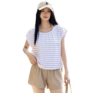 【送料無料】 水着 レディース 体型カバー タンキニ 4点セット 大人 ビキニ タンクトップ ショートパンツ Tシャツ ラッシュガード ママ水着 hys1618 色:ボーダー×ベージュ、サイズ:L(11号)
