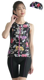 【送料無料】 フィットネス水着 レディース プリント柄 袖なし セパレート キャップ付き 2025 FT-2062 色：スクエアフラワー、サイズ：19 号