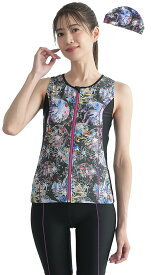 【送料無料】 フィットネス水着 レディース プリント柄 袖なし セパレート キャップ付き 2025 FT-2062 色：フラワードーム、サイズ：15 号