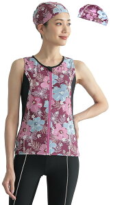 【送料無料】 フィットネス水着 レディース プリント柄 袖なし セパレート キャップ付き 2025 FT-2062 色:ノスタルジフラワー、サイズ:15 号