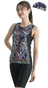 【送料無料】 フィットネス水着 レディース プリント柄 袖なし セパレート キャップ付き 2025 FT-2062 色:バーニングフラワー、サイズ:13 号