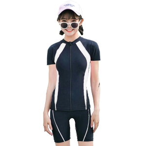 【送料無料】 フィットネス 水着 レディース セパレート 体型カバー 半袖ラッシュガード 水泳帽子 3点セット 露出控えめ hys2440 色:ホワイト、サイズ:M