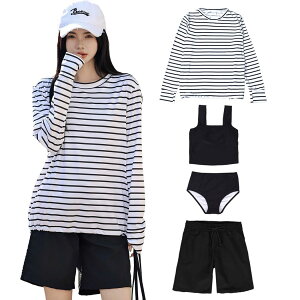 【送料無料】 タンキニ水着 レディース 体型カバー 長袖シャツ ラッシュガード ハーフパンツ 4点セットビキニ hys2861 色:ボーダー×ブラック、サイズ:M