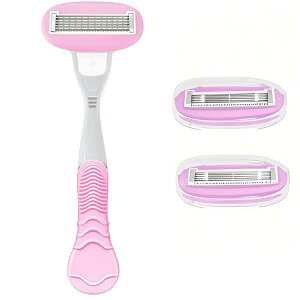 【送料無料】KERURU カミソリ レディース 5枚刃 替刃2個付き 潤いアロエ石鹸付き 体毛処理 ボディ用 すね毛用 ムダ毛処理 携帯用 保護カバー付き 回転可能 ピンク 1本 (長柄) 色:ピンク、サイ