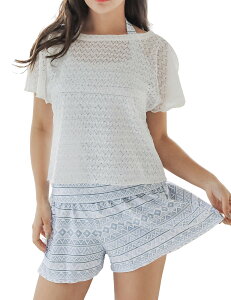 【送料無料】 水着 レディース 体型カバー タンキニ カバーアップ オーバーTシャツ ショートパンツ 4点セット 色:13レース×エスニック、サイズ:S