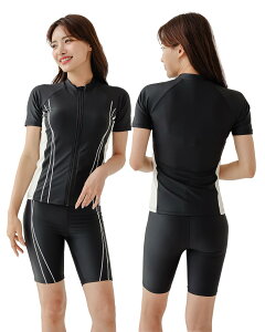 【送料無料】 大きいサイズ フィットネス 水着 レディース セパレート 半袖 上下セット めくれ防止 スクール UVカット ファスナー 袖付 体型カバー カップ付 色:ホワイト、サイズ:3L