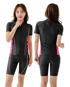 【送料無料】 大きいサイズ フィットネス 水着 レディース セパレート 半袖 上下セット めくれ防止 スクール UVカット ファスナー 袖付 体型カバー カップ付 色:ローズ、サイズ:M