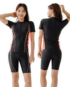 【送料無料】 大きいサイズ フィットネス 水着 レディース セパレート 半袖 上下セット めくれ防止 スクール UVカット ファスナー 袖付 体型カバー カップ付 色:オレンジ、サイズ:S