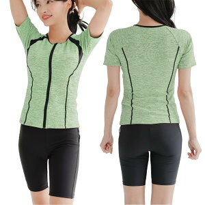 【送料無料】 大きいサイズ フィットネス 水着 レディース セパレート 半袖 上下セット めくれ防止 スクール UVカット ファスナー 袖付 体型カバー カップ付 色:グリーン、サイズ:L