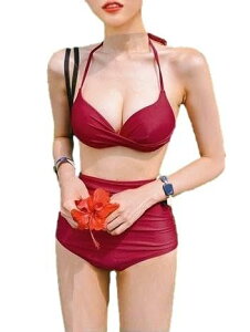 【送料無料】 DG9 サーシャ ビキニ セット 水着 ホルターネック ハイウエスト スイムドレス パッド入り ワイヤーあり レディース 色:レッド、サイズ:M