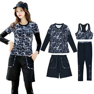 【送料無料】 フィットネス 水着 レディース 体型カバー ママ 水着 セパレート 長袖ラッシュガード レギンス スポーツブラ サーフパンツ 4点セット hys1289 色:ブラック×マーブル、サイズ:X
