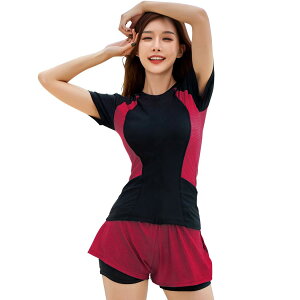 【送料無料】 フィットネス水着 レディース セパレート 体型カバー 半袖ラッシュガード 水泳帽子 3点セット hys2404 色:ローズピンク、サイズ:M