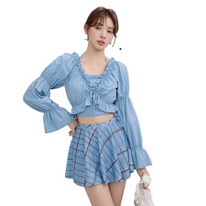 【送料無料】 水着 レディース バンドゥビキニ 4点セット 体型カバー UVカットギャザートップス フレアスカート hys3170 色:ブルー×チェック、サイズ:M