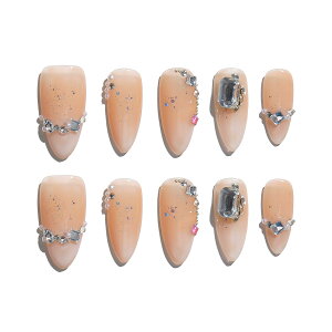 【送料無料】Sun&Beam Nails 手作り ネイルチップ ミディアム ロング オーバル 肌色 つけ爪 グリッター キラキラ おしゃれ デザイン 付け爪 10枚入 (#176 XS) 色:#176、サイズ:M