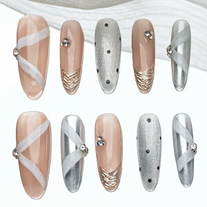 【送料無料】Sun&Beam Nails 手作り ネイルチップ ロング スティレット 銀 白 赤 いちご パール つけ爪 3D デザイン おしゃれ 付け爪 10枚入 (#173 XS) 色:#183、サイズ:XS