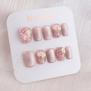 【送料無料】MZCMSL 手作り ネイルチップ ショート スクエア ピンク お花 花柄 真珠 10枚入 色:ピンク、サイズ:M