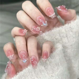 【送料無料】ネイルチップ ショート ラウンド 24枚入 ネイル チップ キャッツアイ つけ爪 紫 蝶結び ダイヤモンド 3Dネイルシール 肌色 人気 和風 可愛い シンプル おしゃれパーティー ネイル