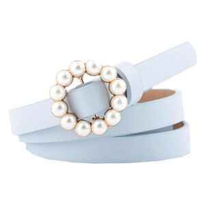 【送料無料】WHITE FANG(ホワイトファング) レザー ベルト おしゃれ 細い カジュアル パール リング バックル 皮 革 レディース BT125 色:04:ブルー、サイズ:サイズ