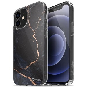 【送料無料】Vena Melange Apple iPhone 12 Mini (5.4" インチ) 専用 ケース (耐衝撃 落下 衝撃 吸収) ワイヤレス充電 対応 ケース 大理石パタンのTPU 素材 強化保護 軽量 薄型 ケース - 黒い大理石