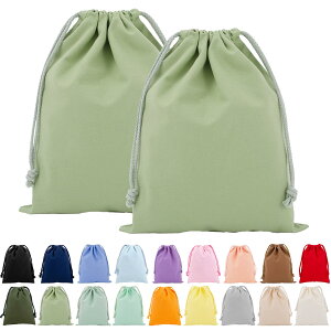 【送料無料】FINGOOO 巾着袋 2枚セット 収納袋 無地 帆布 ギフトバッグ キャンバス製 かわいい おしゃれ 可愛い ラッピング 旅行 学校用 メイク 化粧品 小物入れ (山葵色, 24.5*32cm)