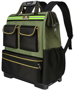 【送料無料】ANZOBEN 工具バッグ 工具リュック ツールバッグ 工具入れ バッグ 大容量 リュック 工具袋 工具用道具袋 底板付き 反射ストリップ付き 作業用・大工用・アウトドア用(グリーン)