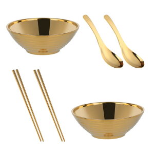 【送料無料】Buyit 麺鉢 レンゲ 箸 セット 2人用 18-8ステンレス製 二重構造 軽量な ラーメン鉢 肉厚が厚い レンゲスプーン 四角 ステンレス箸 丈夫 衛生 洗いやすい (ゴールド)…