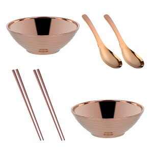 【送料無料】Buyit ラーメンどんぶり 麺鉢 レンゲ 箸 セット 2人用 18-8ステンレス製 二重構造 軽量な ラーメン鉢 ラーメン丼 肉厚が厚い レンゲスプーン 四角 ステンレス箸 丈夫 衛生 洗いやす