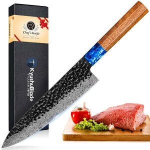 【送料無料】KyushuBlade 包丁 牛刀包丁 ダマスカス包丁 刃渡り206mm. プロ用シェフナイフ 洋包丁, キッチン用万能包丁. 手打ち鍛造三徳包丁, 槌目 ダマスカス模様 両刃包丁 左利き用, 錆びにくい