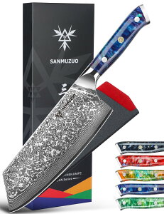 【送料無料】SANMUZUO 菜切り包丁 - 7.5 インチ包丁 - XUAN シリーズ - 67 層ダマスカス鋼キッチンナイフ - 樹脂ハンドル (サファイア ブルー)