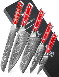 yzSANMUZUO Chef Cooking Knives Set- Kitchen Knife Set of 5 Piece - Ultra-Sharp VG10 Damascus Steel & Resin Handle - Xuan Series (Sunset Red)
