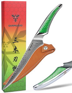 【送料無料】SANMUZUO 7 インチ フィレナイフ、超鋭利なダマスカス鋼キッチンフィッシュナイフ、グリーン樹脂のフルタングハンドル付き骨抜きナイフ、LA-S9 シリーズ